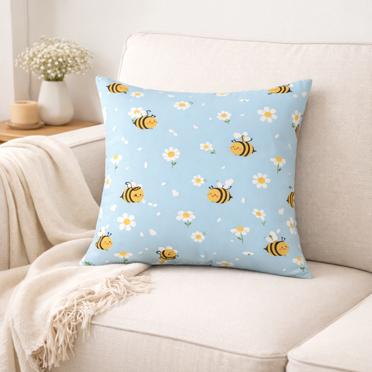 Blue Bee Flower Square Pillow